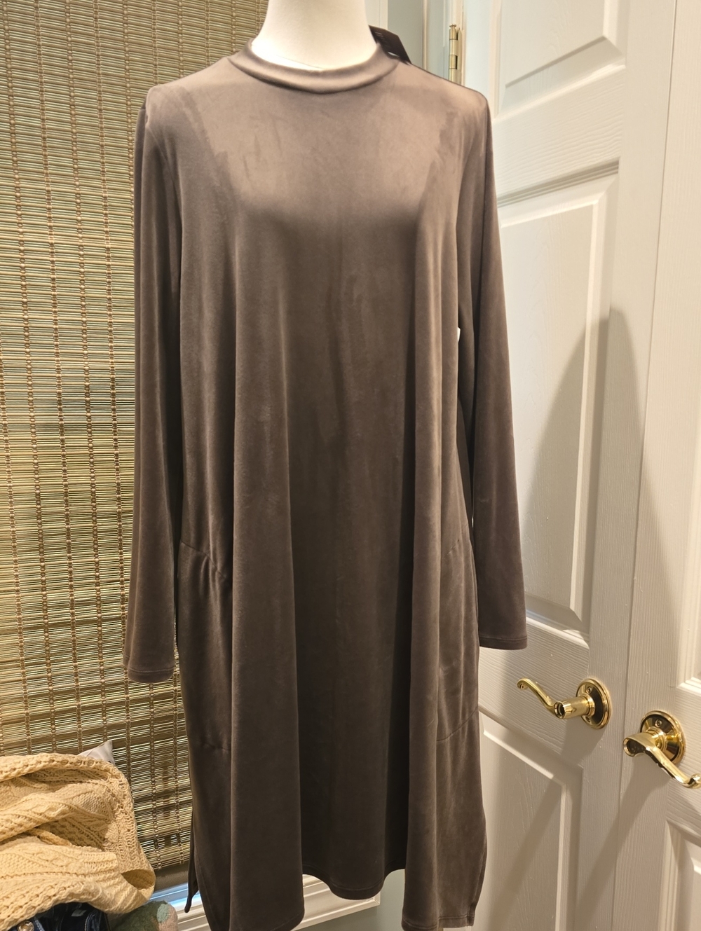 Women's Long-Sleeve Velvet Shift Dress - Taupe